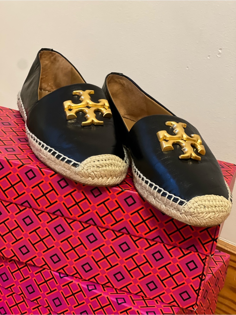 Tory Burch Black Leather Espadrille Flats with Gold Logo